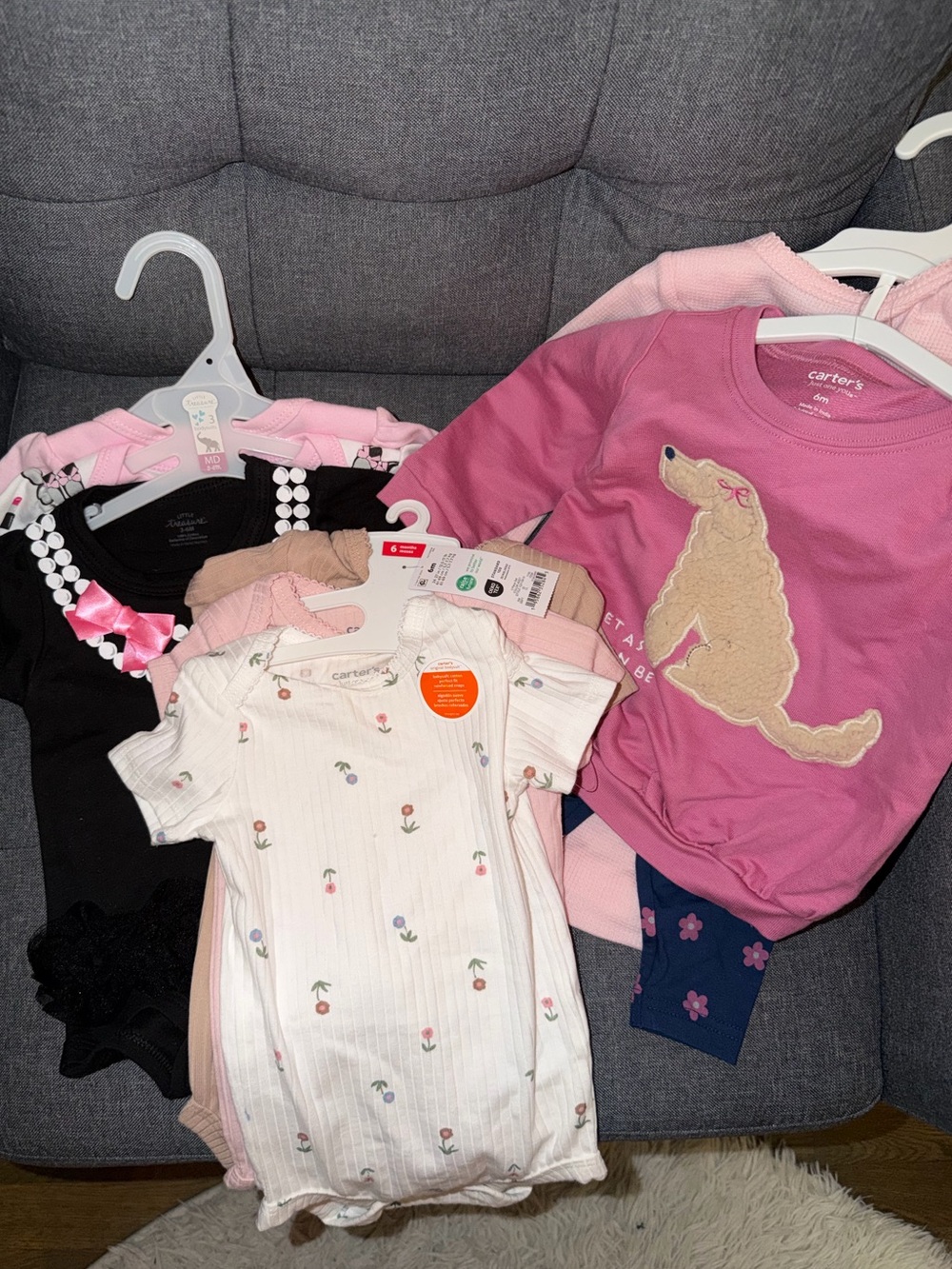 Carter's Pink Puppy Applique Long Sleeve Top with Floral & White Onesies